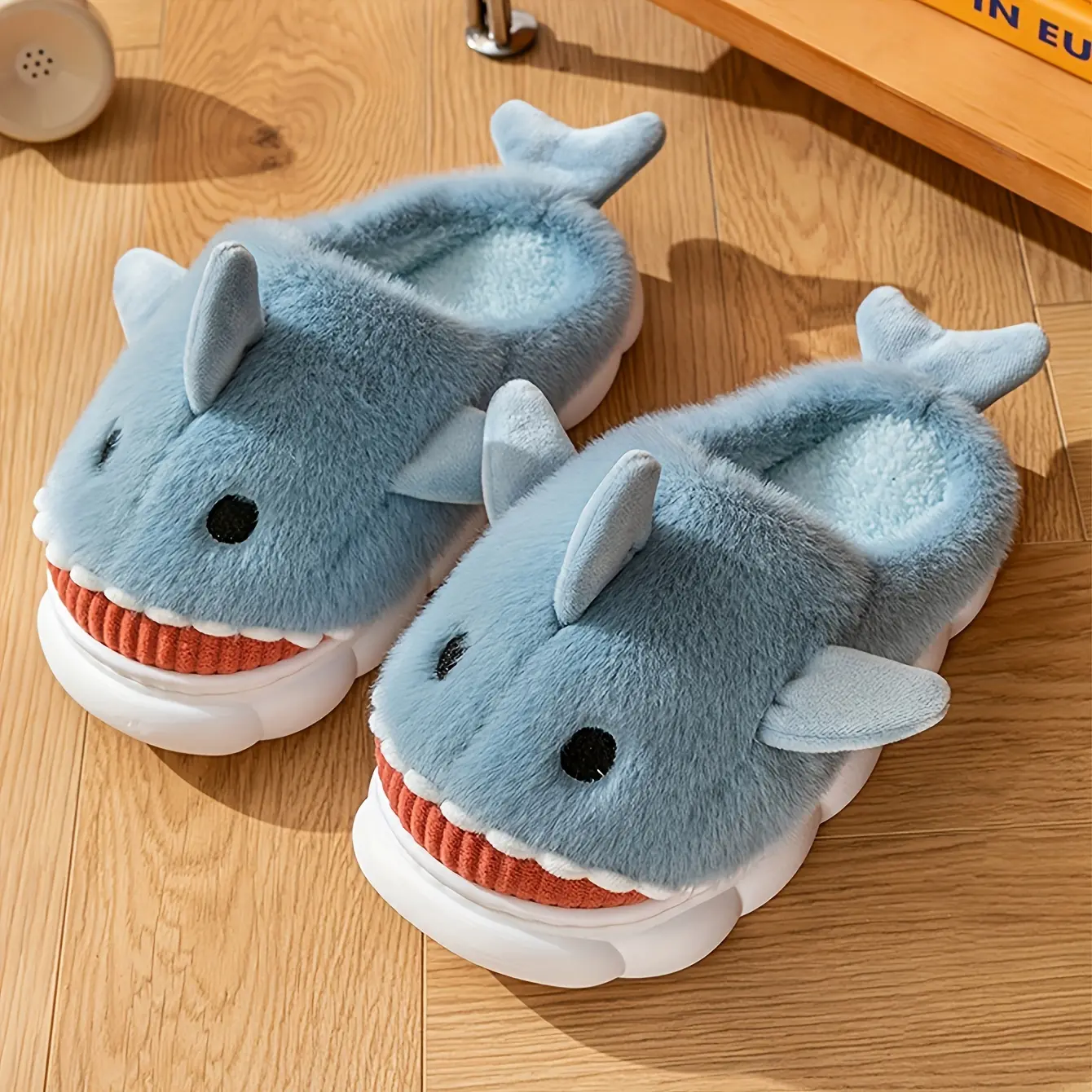Cartoon Shark Slippers for Couples: Plush Fabric Indoor Slippers with EVA Soles.Non-slip and Comfortable for Fall and Winter|   Fun Animal Blue Design, Suitable for Both Men and Women Grey