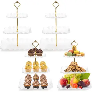 4 Pack 3 Tier Plastic Cupcake Stand, White Square Dessert Tiered Serving Stand, Cake Pastry Display Tower Tray Platter Holder for Buffet, Cookie, Fruit, Table Decor, Party, Wedding, Birthday