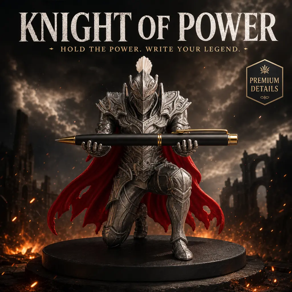 Knight Pen Holder Stand for Desk, 3D Printed Armored Figurine with Open Hands, Red Cape and 2.76-Inch Round Base, Single Pen Display for Office, Study or Bookshelf