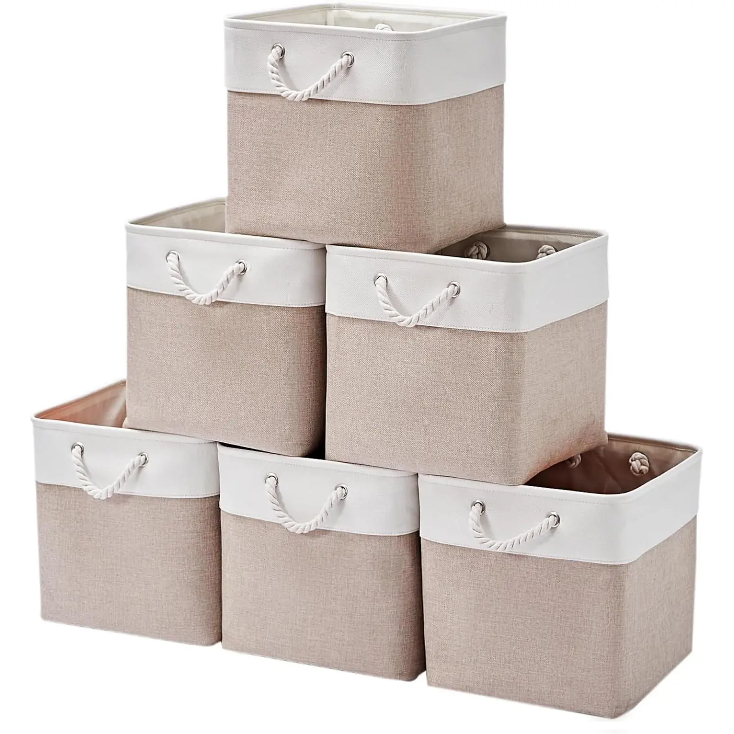 13 x 13inch Storage Cube, 6-Pack Cube Rack Storage Box, Foldable Fabric Storage Bin with Handle, Used for Organizing Clothes, Toys, Foldable Book Storage Basket (White and Beige)