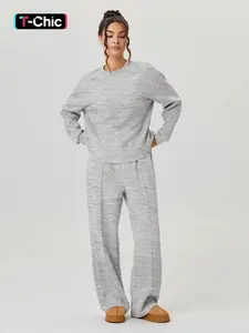 Women's Casual Solid Color Loose Long Sleeve Top & Exposed Stitches Trousers Co-ord Womenswear Clothes