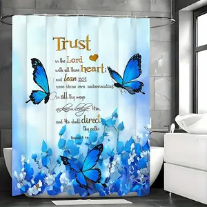 1pc Vibrant Blue Butterflies & Flowers Patterned Polyester Shower Curtain - Waterproof, Woven, and Knit for Durability - Includes 12 Hooks for Easy Installation, Animal-Themed Bathroom Decor