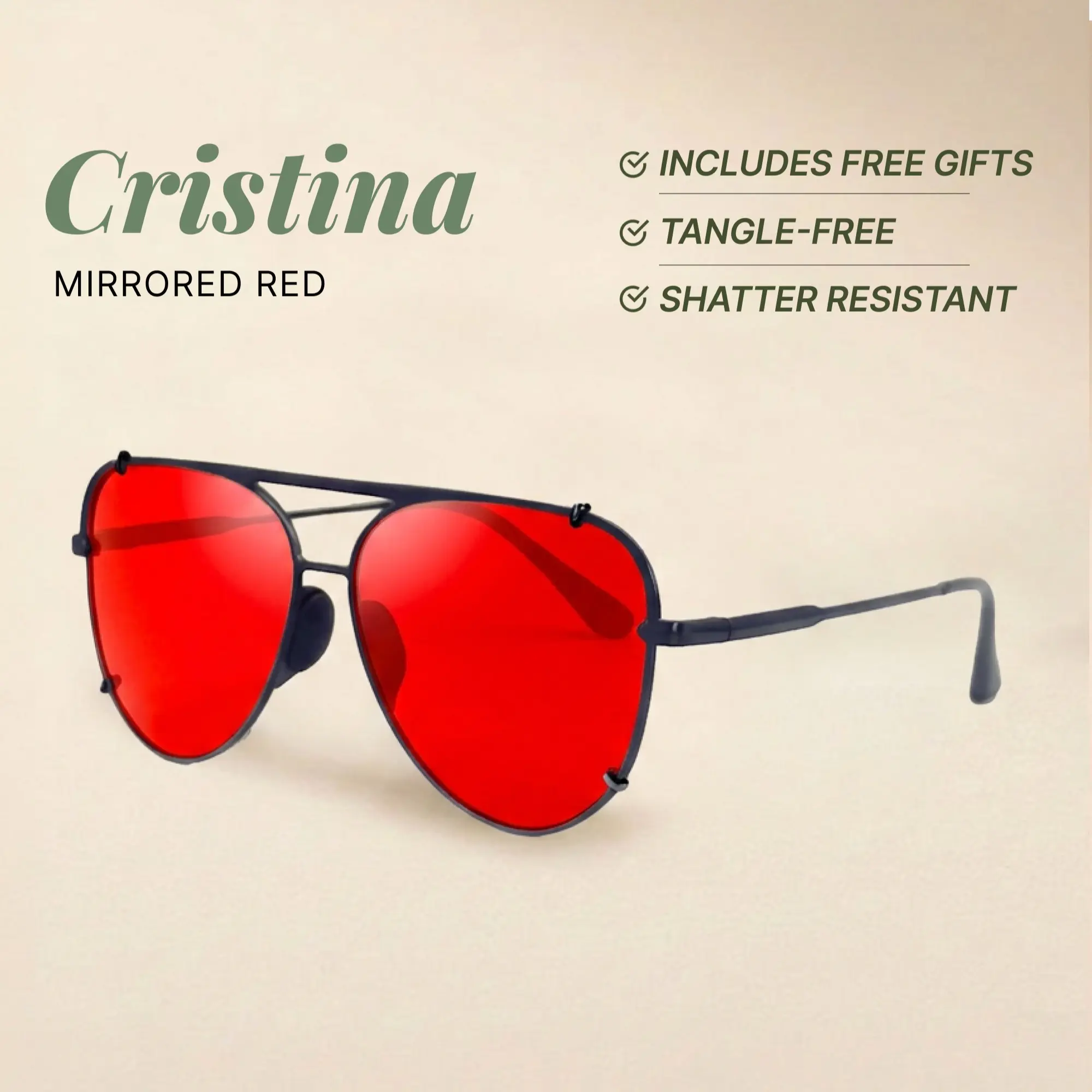 Cristina - Mirrored Red - Tangle Free Round Aviators Sunglasses - Certified Shatter-Resistant Lenses - UV400 - For Women & Men