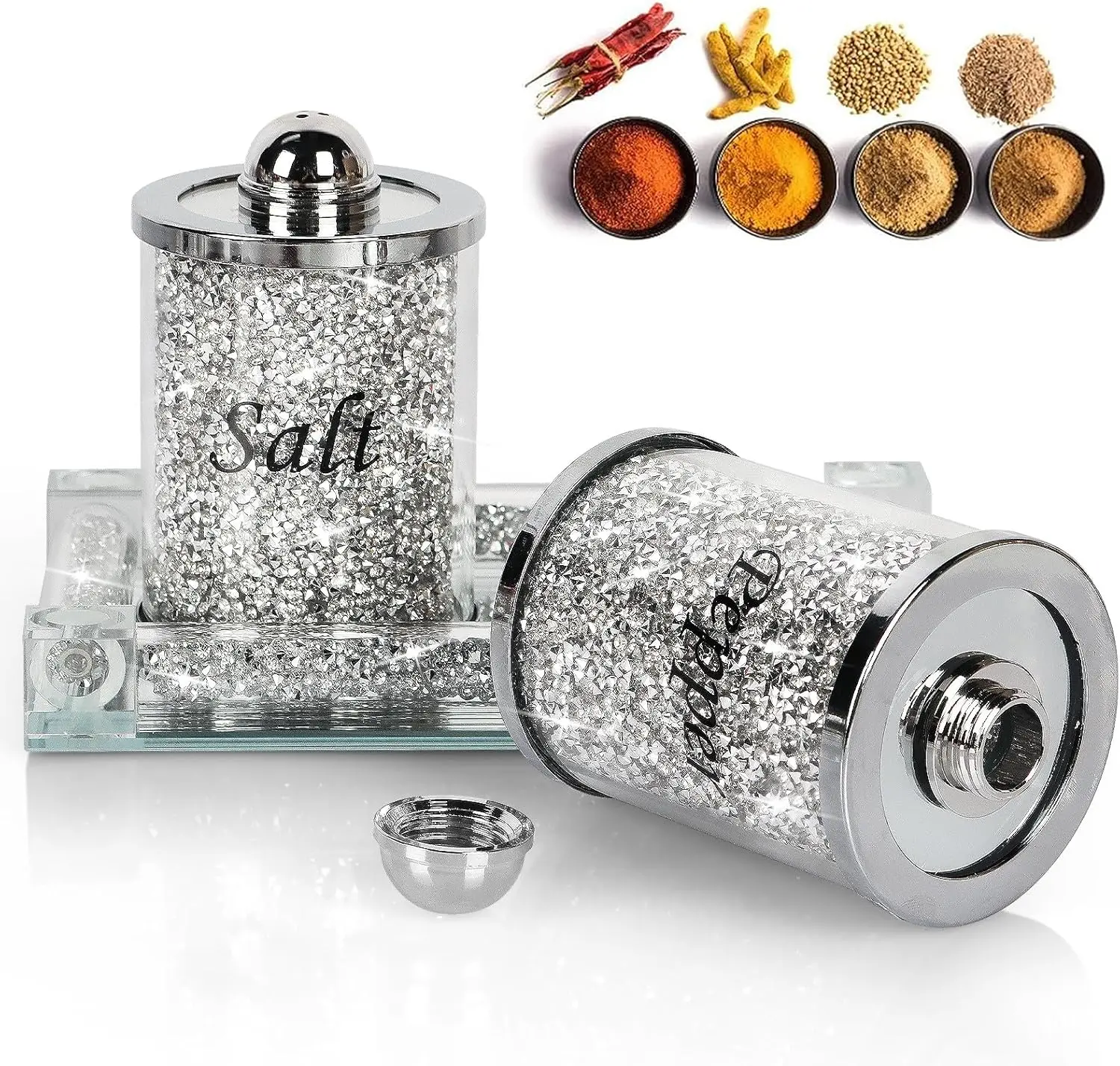 Crystal Salt and Pepper Shakers Set with Tray,Sparkly Crystal Crushed Diamond House Decor for Kitchen,Bling Glass Salt Pepper Jar Container Pot for Countertop,saleros para cocina elegantes,Silver