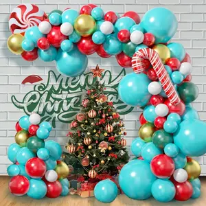 90pcs Festive Christmas Balloon Garland Arch Kit with Blue & Green Latex and Foil Balloons, Candy Cane Design, for Wedding, New Year, Christmas, Birthday Party Decorations