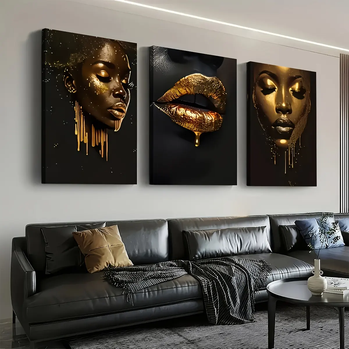 Glossy 3-Piece Wood-Framed Golden Polka Dot Marble Canvas Wall Art Print - Waterproof, High-Definition, Ready to Hang, Home Living Room Decor, Day of the Dead Easter Portrait, Home Inspo Decoration, Artistic