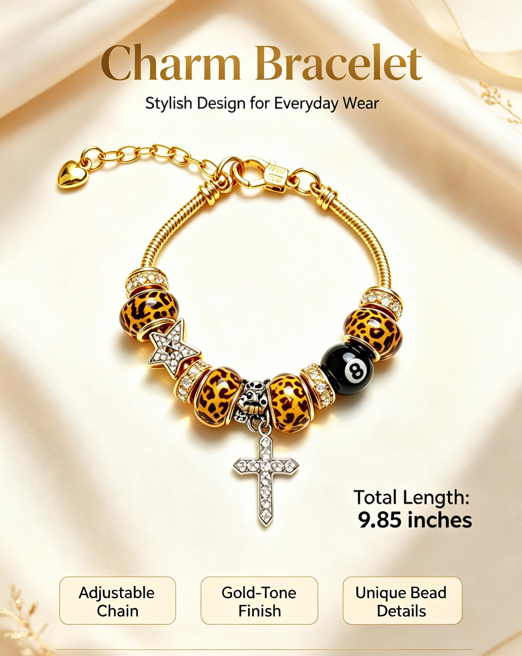 Wild & Holy Leopard Charm Bracelet: 8-Ball, Cross & Star Gold Snake Chain Bangle - Bold Statement Jewelry for Her