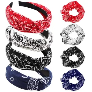 8 Pack  Boho Paisley Bandanas for Women - Wide Knotted Turban Headbands with Elastic Top Knot, No Slip (4set black red blue white)
