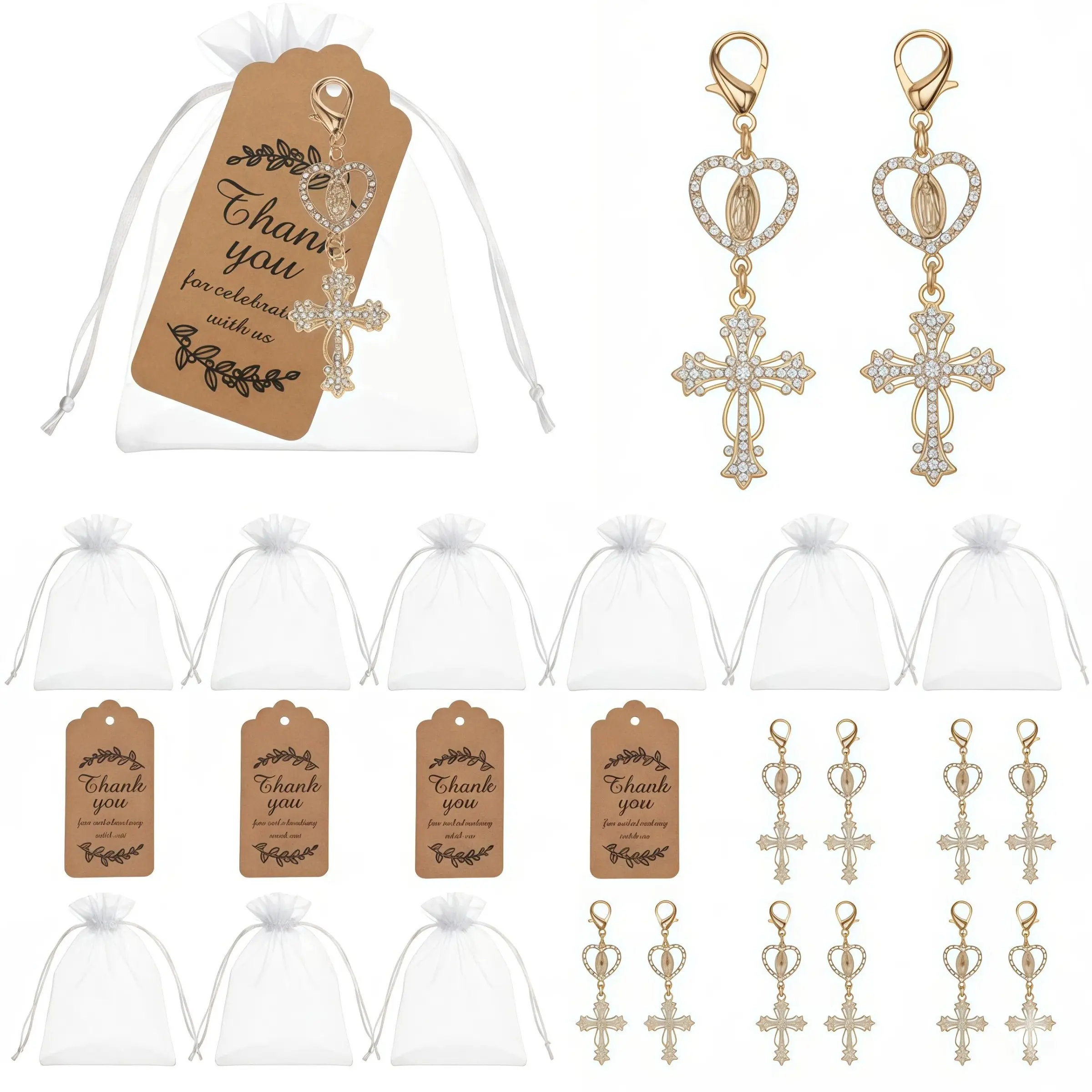 2026 New Cross Keychain Collectibles Pendant Set, 12pcs Religious Party Favors, Thank You Gifts with Organza Bags Included, Heart Crystal Rhinestone Alloy Keyrings, Key Accessories