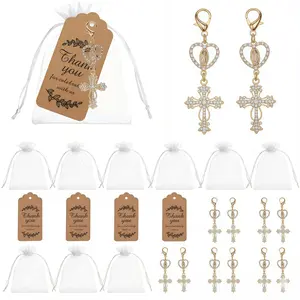 2026 New Cross Keychain Collectibles Pendant Set, 12pcs Religious Party Favors, Thank You Gifts with Organza Bags Included, Heart Crystal Rhinestone Alloy Keyrings