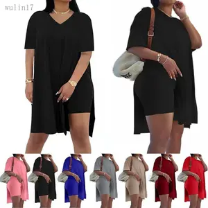Women's 2025 Plus Size 2-Piece Autumn Plain Long Tracksuits - Short-sleeve V-neck Basic Tunic Top, Skinny Biker Shorts Bodycon Set, Comfortable Fitted Casual Women's Clothes Plus Size Sets
