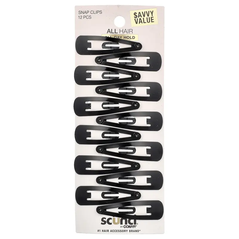 Scunci Snap Hair Clips, Black, 12 Pieces