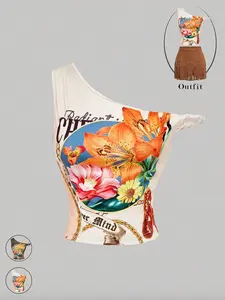 Women's Asymmetric Shoulder Vintage Floral Twist Front Top, Terrace Chill,Glamour,Retro Flower Crop Top, One Shoulder Tops, Graphic Tops Women, Tropical Top,Vintage Inspired Floral Print One Shoulder Crop Top