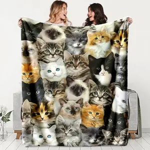 Cute Cat Blanket Soft Flannel Throw, Perfect for Bed Sofa Office Camping Travel, Ideal Gift for Cats Lover
