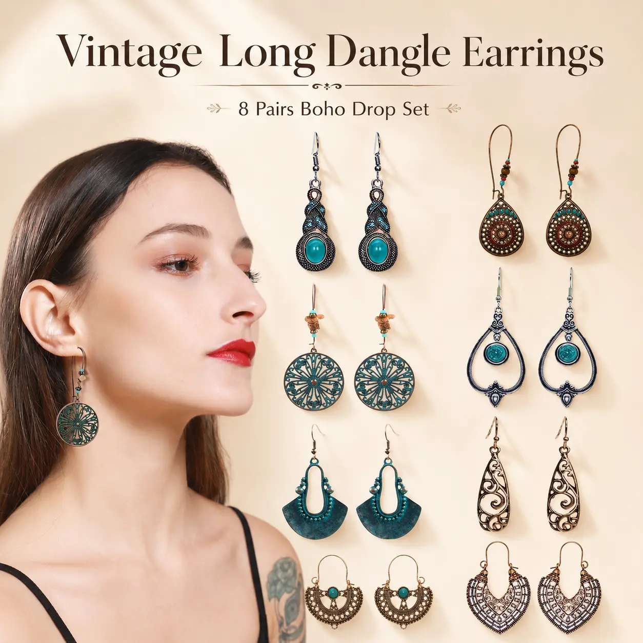 Vintage Long Dangle Earrings Set for Women - 8 Pairs of Bohemian Drop Earrings | Stylish Boho Jewelry