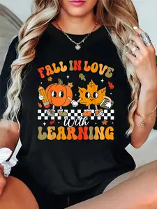Retro Fall In Love With Learning Autumn Pumpkin Teacher T-Shirt women's graphic tees