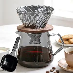 Pour over Coffee Maker with Spoon Set, 300/600ML Glass Carafe, Walnut Wood Base, Drip Coffee Maker for Home or Office, 1-5 Cups