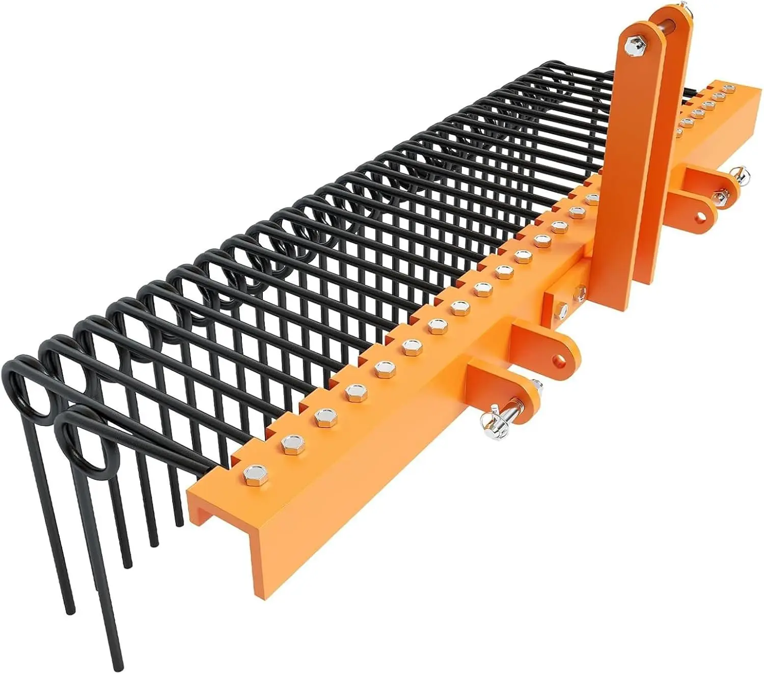 Tow-Behind Landscape Rake with Steel Spring Coil Tines for Leaves, Pine Needles, Straw, and Grass, 3-Point Hitch Receiver Attachment, 60-Inch