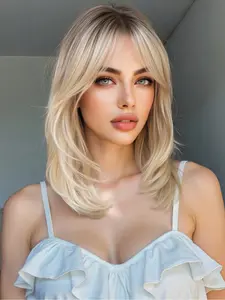 20 Inch Platinum Color Ombre Medium Length Wigs with Side Bangs, Synthetic Hair Wig, Heat Resistant Straight Hair for Women, Perfect for Daily and Special Occasions
