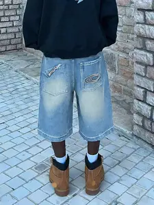 High Street Retro West Coast Graffiti Embroidered Denim Shorts, High-Waisted Slimming Wide-Leg Five-Point Pants, Versatile Summer Style, High Waist Jorts