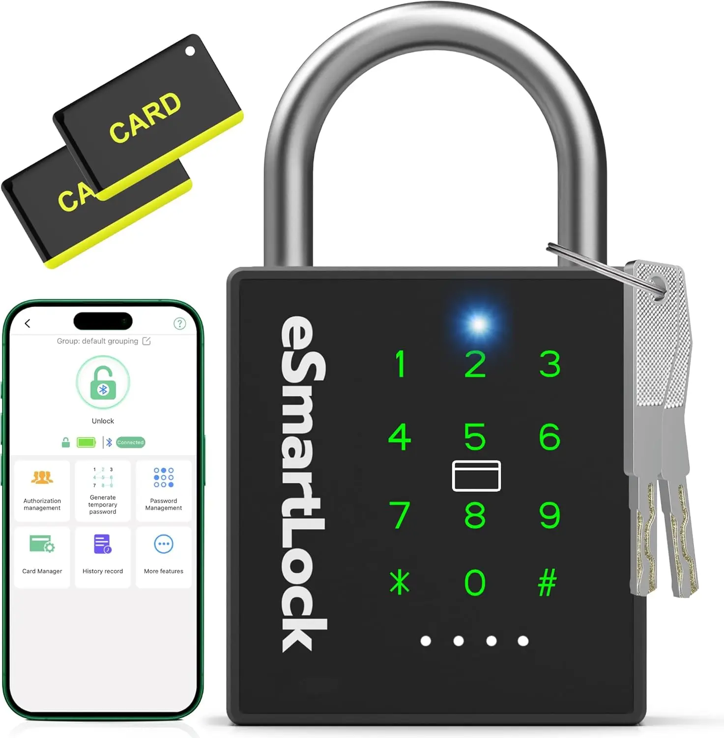 New Smart Padlock with Key, Heavy Duty Combination Padlock, RFID Pad Lock with Codes Bluetooth APP Access, Outdoor Waterproof Electronic Key Lock for Gate Fence Shed Locker Garage Garden