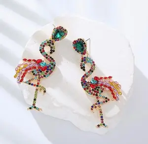 Sparkly Flamingo Drop Earrings  | Colorful Rhinestone Tropical Statement Jewelry