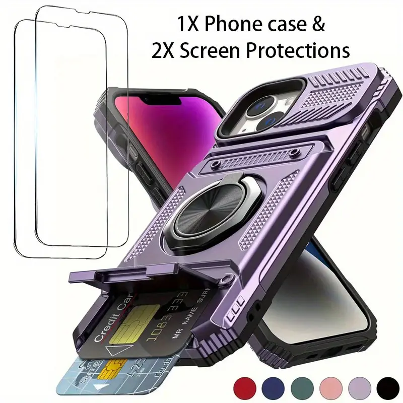 3PCS [1 Phone Case with 2X Clear Screen Protectors] Shockproof Phone Case with Card Slot (Holds 2 Cards) - Durable Protective Cover Compatible with iPhone 11/12/13/14/15/16/17e Plus/Pro/Pro Max - Red, Blue, Green, Pink, Purple, Black