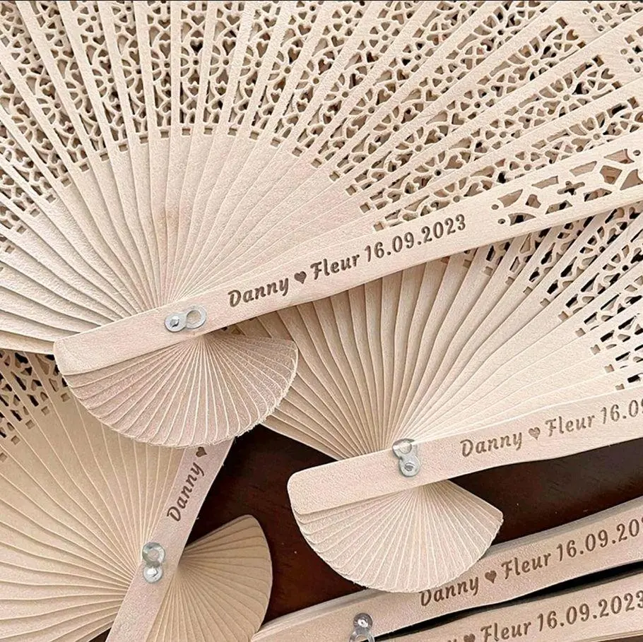 Custom Laser-Cut Wooden Wedding & Anniversary Hand Fans with Personalized Design - Festive Party Favors, Home Decoration Supplies