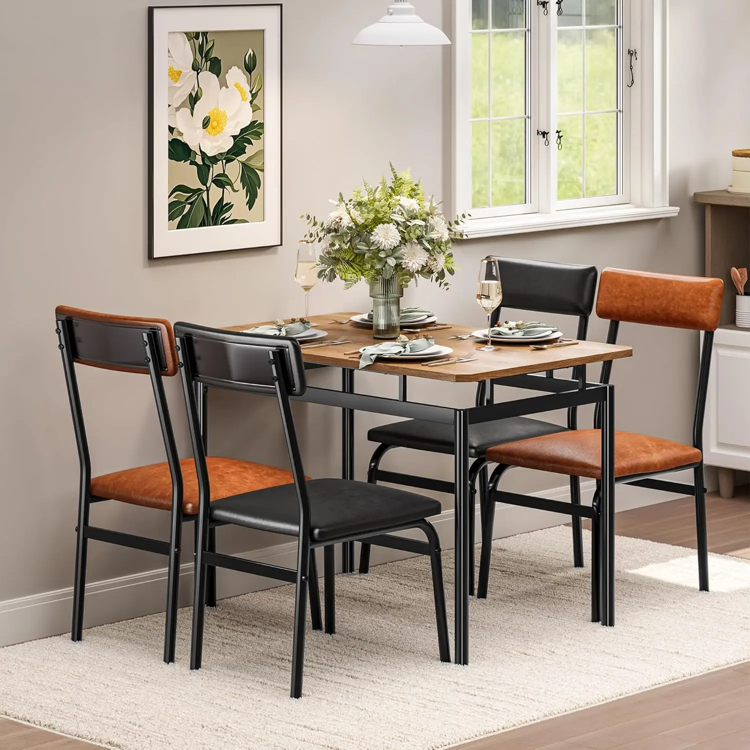 Gaomon 5-Piece Modern 4-Seat Casual Flat-Top Dining Room Set - Brown Wood Table, 4 PU Upholstery Chairs (2 Brown, 2 Black), Metal-Frame Space Saver Dinette for Apartments, Apartment, 4-Seat Dining Tables