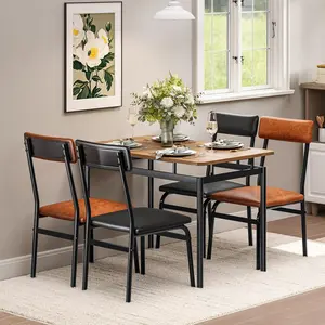 5 Piece Dining Table Set  Brown Wood Kitchen Table with 4 PU Upholstered Chairs  Space Saving Metal Frame Dinette  2 PU Brown and 2 PU Black