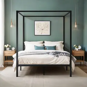 Full Size/Queen Size Canopy Bed Frame, Enhanced 4-Poster, 3-Metal Crossbar, No Box Spring Needed, Easy Assembly, Black/White * Bed Frame Queen Queen Bed Frame Bed Frame Full Full Size Bed Frame King Size Bed Frame Twin Bed Frame Room Decor Home Decor