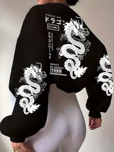 Women's Casual Long Sleeve Top, Dragon Print Hoodie, Y2K Style, Fitted Pullover, Fall & Winter Fashion, Cartoon Pattern