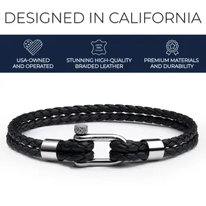 Elegatto Helix Premium Vintage Leather Bracelet for Men | Double Black Leather Strands with Sterling Silver Polished Mini Shackle Closure | Men’s Designer Jewelry