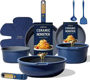 15Pcs Pots and Pans Set Non Stick , Blue&Gold Ceramic Cookware Set Non Toxic, PFAS Free, Detachable/Removable Handle,Kitchen Cooking Set Dishwasher Safe, Nonstick Pot and Pan, Induction Cookware