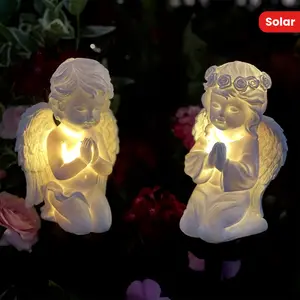 2 Pack Solar Outdoor Garden Decor Statues, Angel Figurine with Solar Lights Stake, Gifts for Mom Grandma, Cemetery Decorations for Grave Garden Memorial Ornament