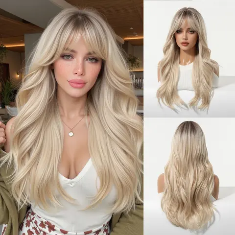 Luxury Cream Blonde Wig  Layered Waves with Soft Bangs & Natural parting Shadow Root hairstyle high-temperature synthetic fiber heat resistant Pre Styled Wig