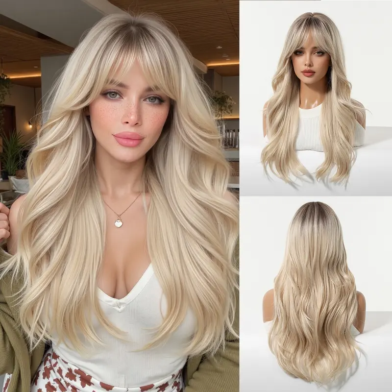 Luxury Cream Blonde Wig Layered Waves with Soft Bangs & Natural parting Shadow Root hairstyle high-temperature synthetic fiber heat resistant Pre Styled Wig