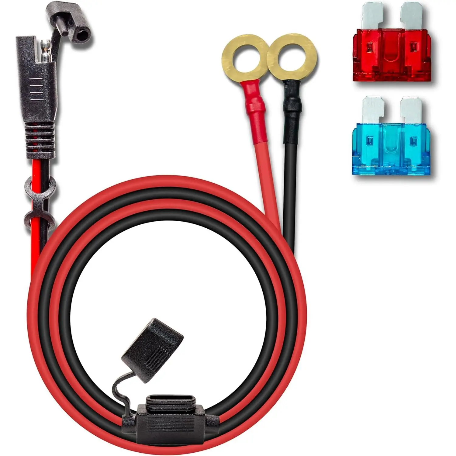 16AWG Silicone Tinned Copper Weather Resistant Motorcycle Battery Charger Cable Set - 2FT SAE to O-Ring Terminal Harness, 10A & 15A Fuses, Quick Connect for Scooters & Batteries