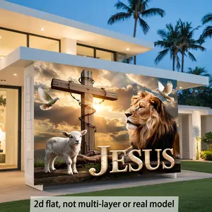 2D Flat Banner, 1pc Jesus Lion of Judah Lamb of Cross Religious Banner - Durable Fabric Suitable for Church,,, Photo Booth Props, - Multicolor Biblical Prophecy Decoration