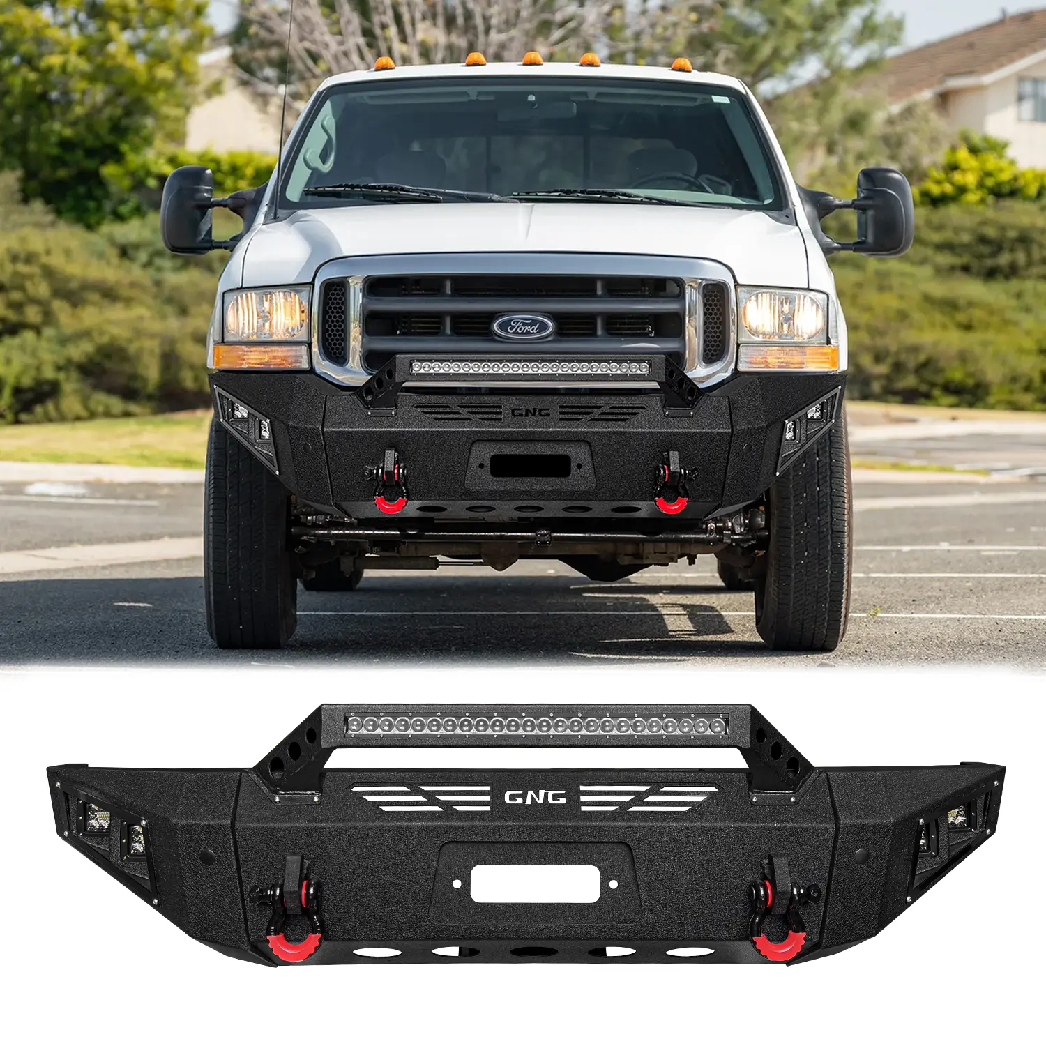 Vijay Durable and Reliable Metal Front Bumper, Black Texture, for 1999-2004 FORD Super Duty F250/F350, with Winch Plate, LED Lights, 2 D-Rings, Secure Attachments, Off-Road Performance Simple screw installation