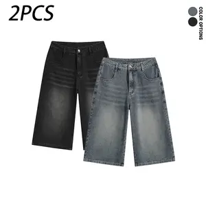 Pack of 2: men’s summer loose denim shorts (7/8 length), retro washed distressed design with pockets, can be worn with a belt for everyday sports.