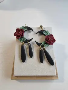 Crescent moon floral dangle, floral moon earrings, celestial earrings polymer clay