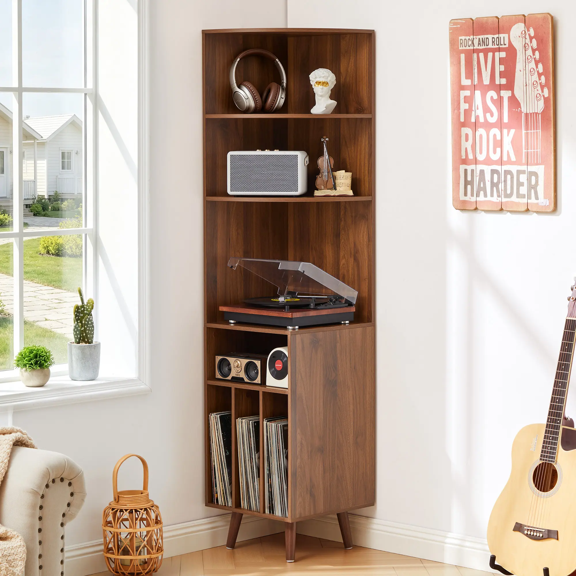 Giratree Corner Record Player Stand, 67'' Tall Turntable Stand Table | 5-Tier Vinyl Record Storage Cabinet with Vinyl Storage Modern Wood Media Storage Cabinet for Living Room Music Corner, Walnut