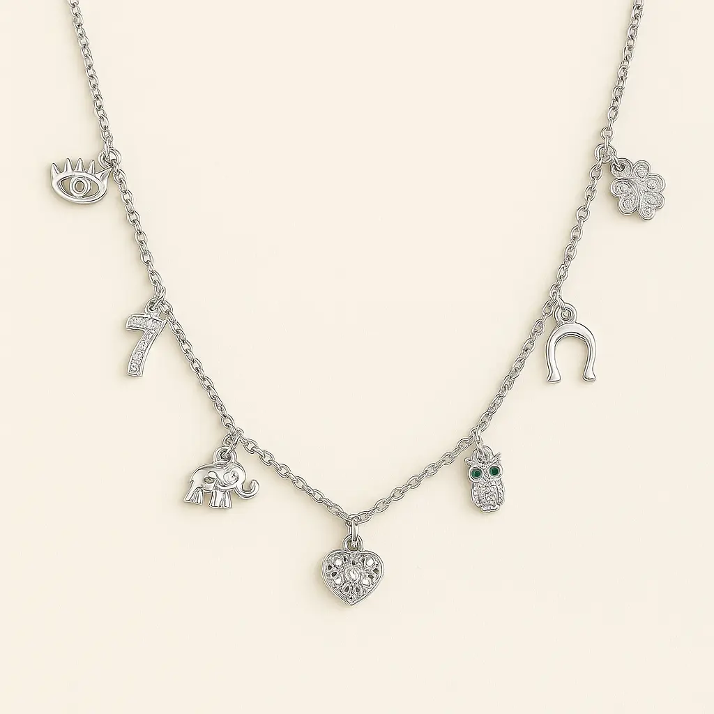 Sterling Silver Lucky Charm Necklace | 925 Symbol Pendant Chain | Evil Eye, Owl, Heart, Horseshoe & Elephant | Meaningful Gift for Her