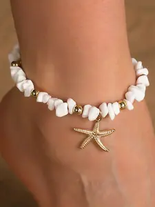 Summer Vibes Ankle Bracelet, Starfish + Pebble Design, Adjustable and Versatile, Boho Style, Charming Foot Jewelry