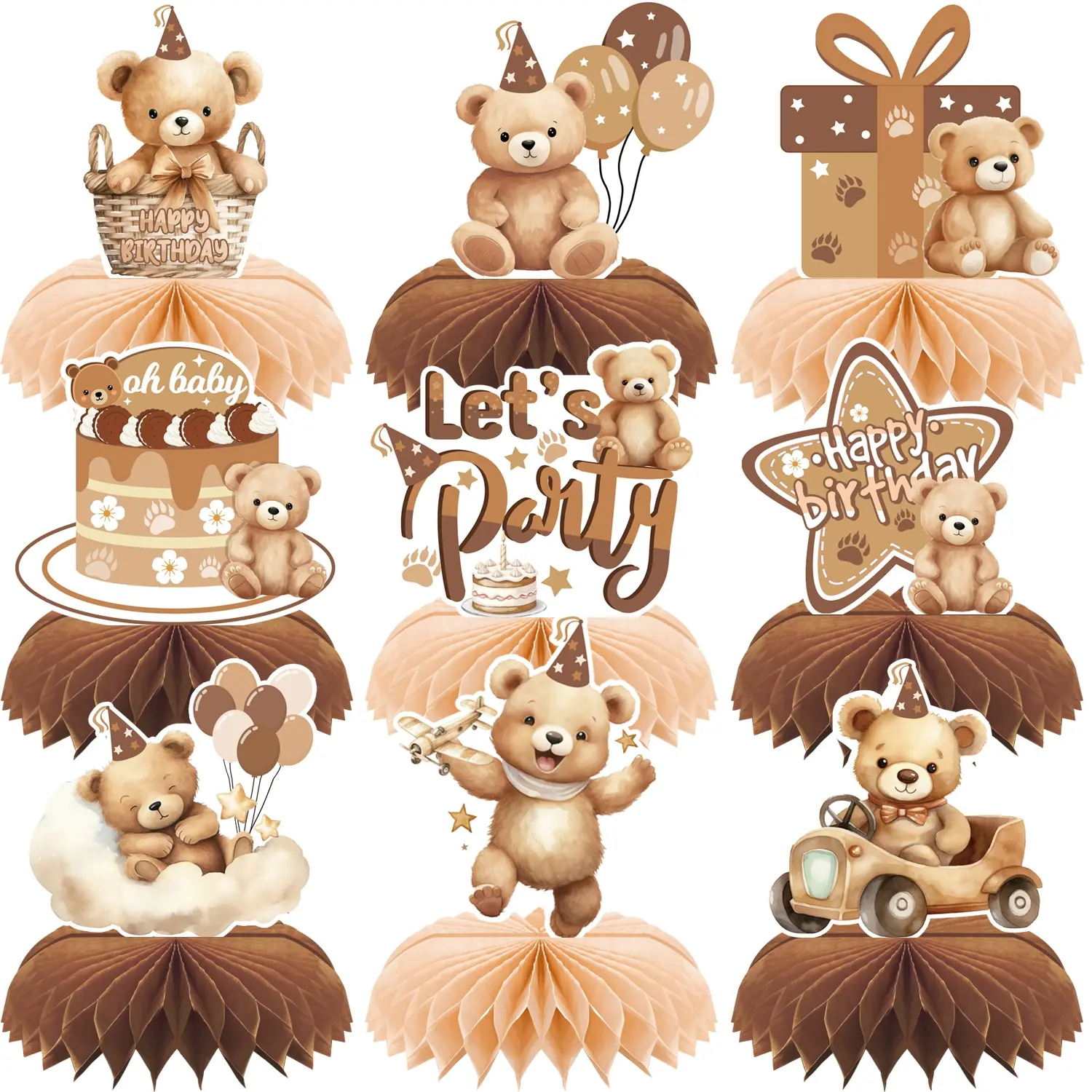 9Pcs Bear Birthday Centerpiece Decorations Set Table Decorations for Boy and Girl First Birthday Party Decorations Baby Shower Supplies Birthday Party Supplier Bear Ornament Decorative Centerpiece Party Decor Design