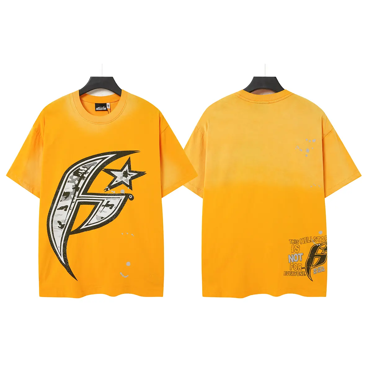 2026 HELLSTAR 100% Cotton Certified Abstract Star Logo Graphic Tee Washed Orange Standard Fit Shirt Y2K