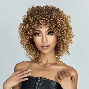 Brown-to-Golden Blonde Ombre 14 Inch Short Little Curly Wig - Synthetic Heat Resistant | For Ladies Everyday/Holiday/Family Gatherings