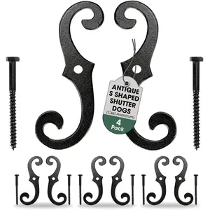 Black 6.5 in Decorative S Shaped Cast Aluminum Shutter Dogs with Mounting Hardware Pack of 4 Pairs