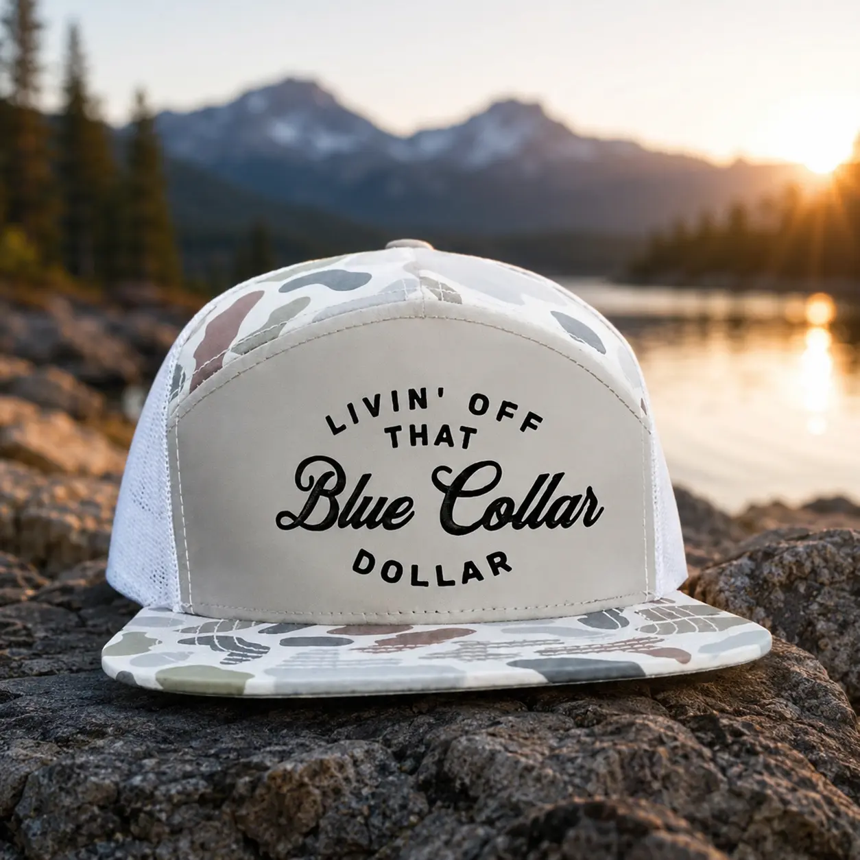 Blue Collar Snapback Livin' Off That Blue Collar Dollar Mesh Snapback | 7 Panel Flat Bill Camo Hat